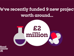 A maroon infographic with a beaker and pills. The graphic reads "We've recently funded 9 new projects worth around 2 million pounds".