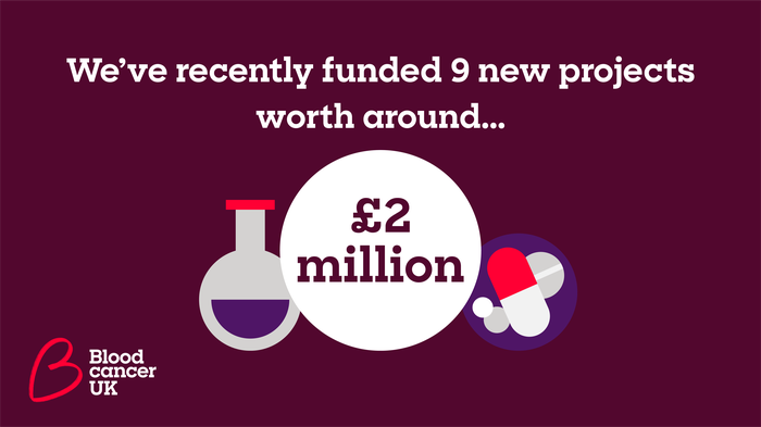 A maroon infographic with a beaker and pills. The graphic reads "We've recently funded 9 new projects worth around 2 million pounds".