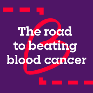 Image with the title "The Road to Beating Blood Cancer" and a dashed line indicating a road.