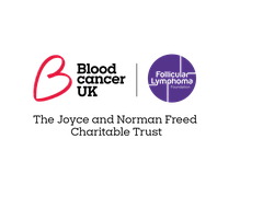 Blood Cancer UK B heart logo and Follicular Lymphoma UK purple circle logo.