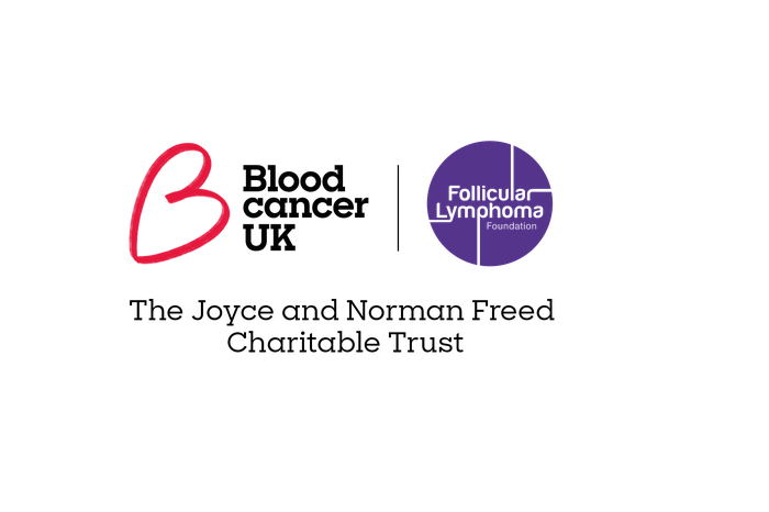 Blood Cancer UK B heart logo and Follicular Lymphoma UK purple circle logo.