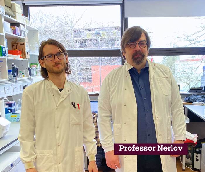 Professor Claus Nerlov with his PhD student, stood in the lab wearing white lab coats.