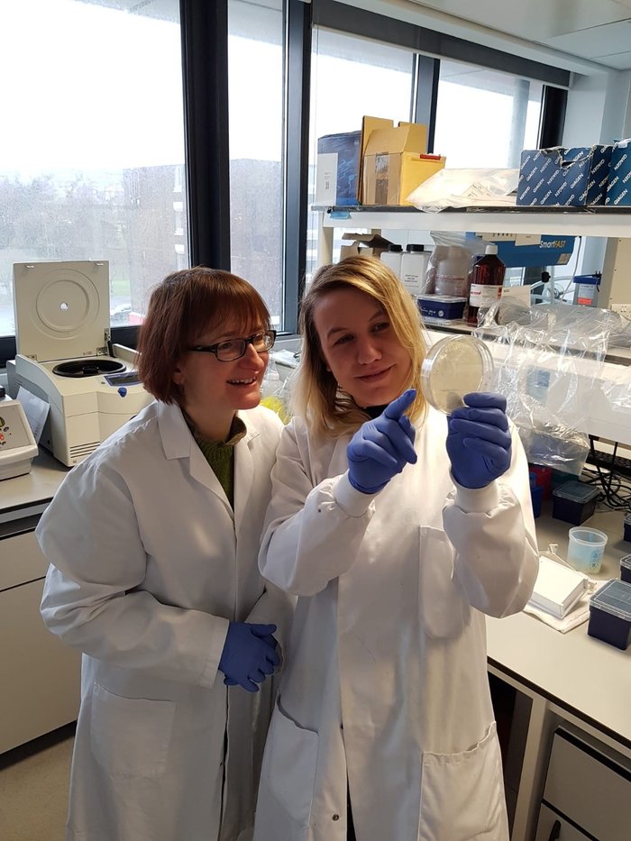 Dr Alison Michie in the lab with her colleague dressed in lab coats in the lab looking at a petri dish.
