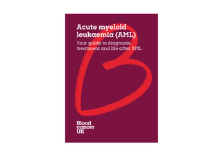 Image of the front cover of the AML booklet. The title on the cover is Acute myeloid leukaemia (AML): Your guide to diagnosis, treatment and life after AML.