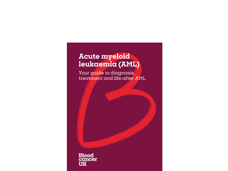 Image of the front cover of the AML booklet. The title on the cover is Acute myeloid leukaemia (AML): Your guide to diagnosis, treatment and life after AML.