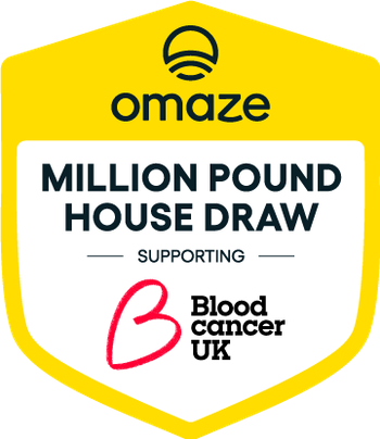 Omaze shield logo and Blood Cancer UK B-heart logo.