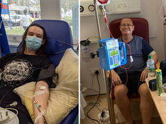 A split image, Ben sits in a hospital chair, donating stem cells via a catheter in his arm. His dad also sits in a hospital chair, smiling whilst receiving blood from a machine.