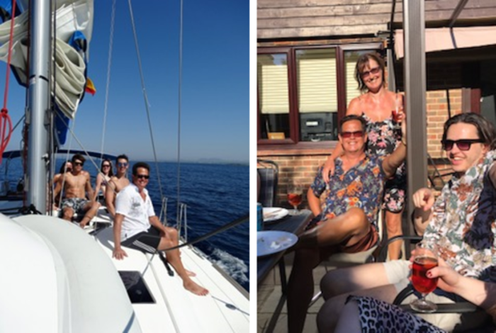 A split image, on the left Ben and his family sit on a sailing boat with his family smiling with the sea behind them. On the right it shows Ben and his father smiling in the garden with other family.