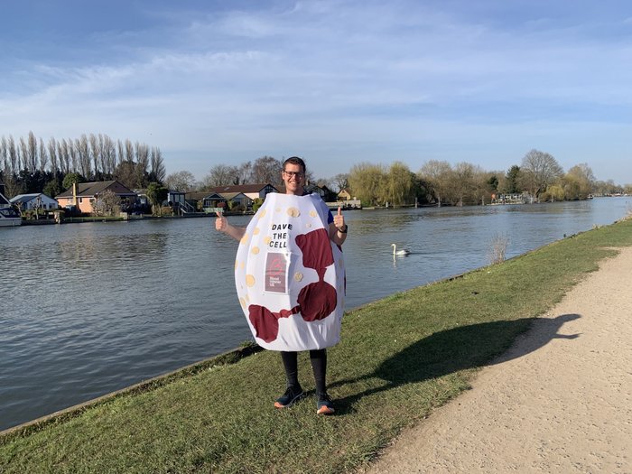 Man dressed in fancy dress as a white blood cell