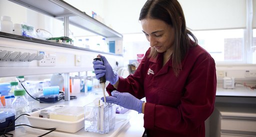 Dr Jasmeen Oberoi working in the lab, wearing a Blood Cancer UK lab coat.