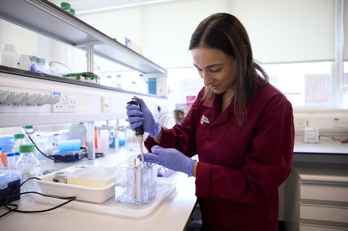 Dr Jasmeen Oberoi working in the lab, wearing a Blood Cancer UK lab coat.