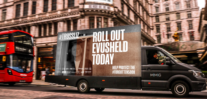 A advertising van drives around London with the words "Liz Truss, roll out Evusheld today"
