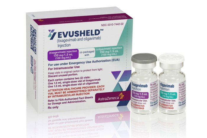 Image of the treatment Evusheld - a box with two vials of antibodies.