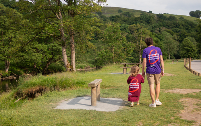 Ben Sykes, employee of Blood Cancer UK with daughter Ivy walking at Bolton Abbey in Yorkshire.