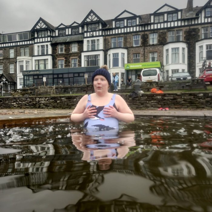 Katherine, in remission from non-Hodgkin lymphoma, taking her first cold water swim after treatment