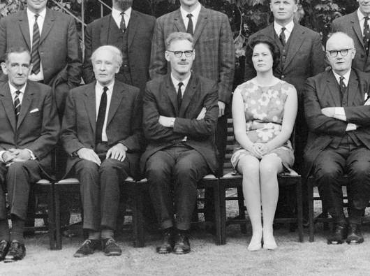 Frank Hayhoe, foundation fellow of Darwin College, Cambridge and its first vice-master sitting in black and white formal photo.