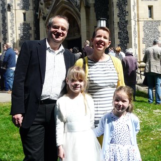 Jane Leahy, blood cancer patient, with her family in front of a church.