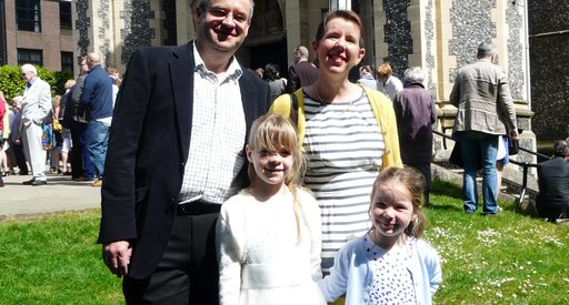 Jane Leahy, blood cancer patient, with her family in front of a church.