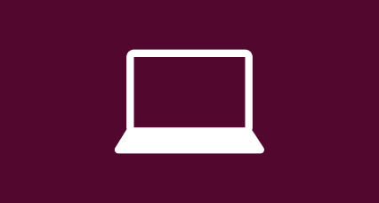 A Blood Cancer UK branded maroon and white icon of a laptop with a blank screen.