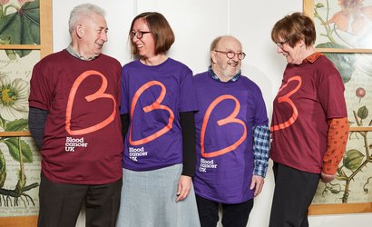 Two men and two women wearing Blood Cancer UK t-shirts