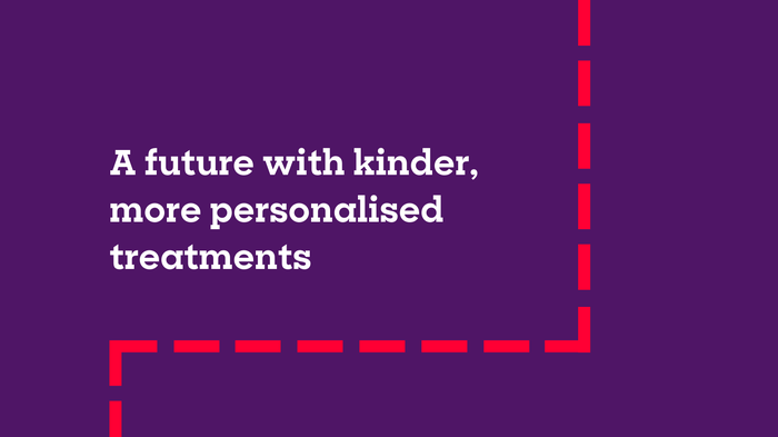 A dashed line with text, "A future with kinder, more personalised treatments"