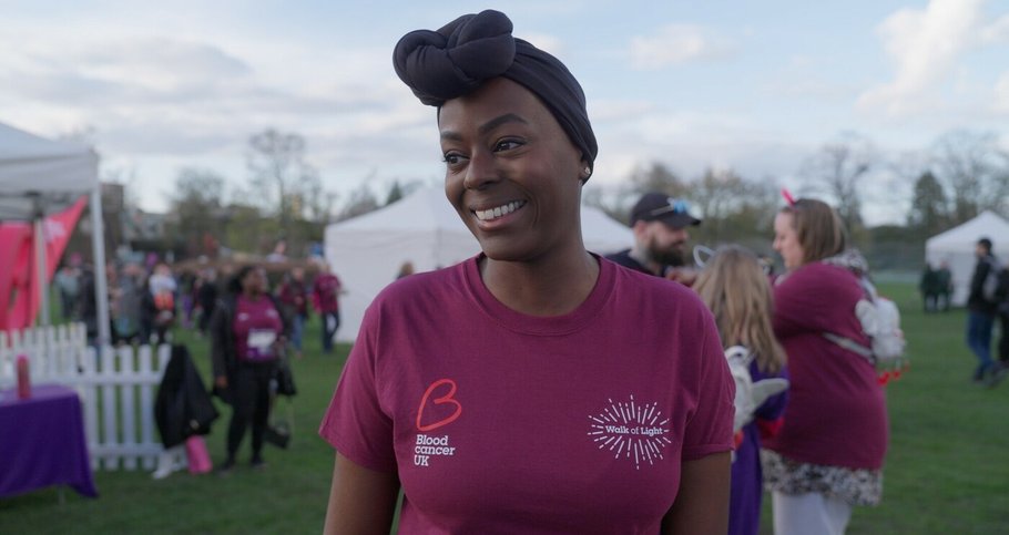 Nadine at Walk of Light Birmingham 2024 wearing Blood Cancer UK Walk of Light branded t shirt