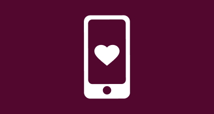 A 2D icon displaying a mobile phone with a heart on the screen, suggesting online support.