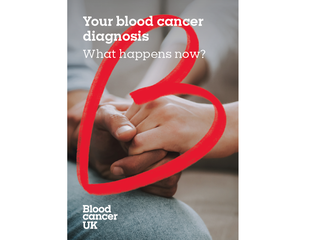 A publication cover titled "Your blood cancer diagnosis: What happens now?", with an image of hands being held supportively in close up.