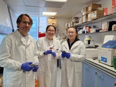 Dr Feldhahn in the stood in the lab with two members of his lab team, wearing white lab coats.