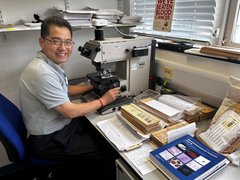 Professor Ming Du sat working at a microscope in the lab, facing the camera whilst smiling.