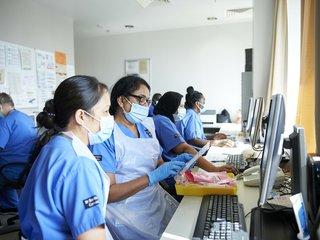 Nurses in blue uniform working at computers with covid masks on