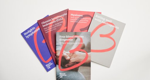 A selection of Blood Cancer UK health information booklets in different colours