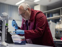 Researcher wearing a branded Blood Cancer UK burgundy lab coat, using equipment in the lab