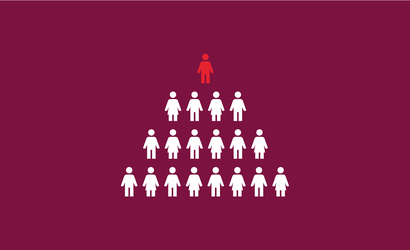 A graphic showing a pyramid of people. The person at the top is coloured red, all other people are coloured white.