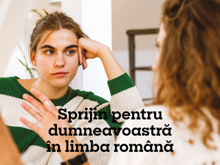 An image of the front cover of our Polish flyer. On the front cover, there is a photo of a woman sitting with her head resting on one hand. Underneath are the words "Sprijin pentru dumneavoastră în limba română" which means "Support for you in Romanian"
