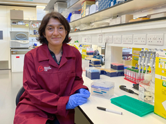 Dr Sara Ghorashain stood in the lab smiling wearing a Blood Cancer UK lab coat.
