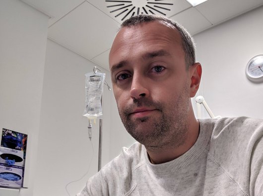 Scott on a drip in hospital the day he was diagnosed