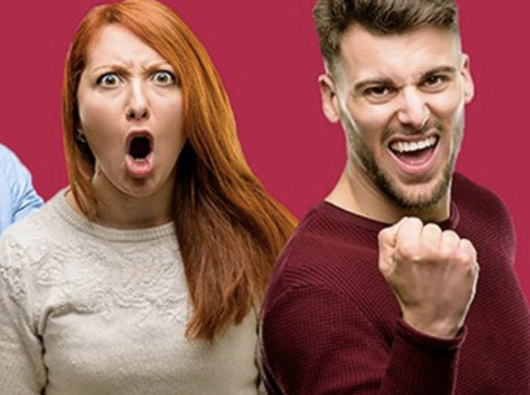 A woman with a surprised and angry expression, open mouth, red hair; a man with a joyful and excited expression, clenched fist, short brown hair, wearing a red sweater; a pink background.