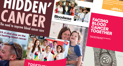 Collage of Blood Cancer UK supporter images, headlines, and articles.