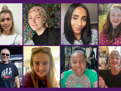 A collage of a group of eight people, all smiling, as part of the #SayBloodCancer campaign.