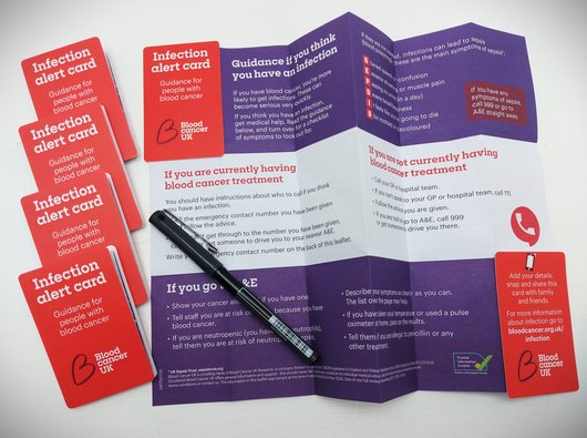 The Blood Cancer UK infection alert card, with bright red cover, shown both folded and opened up to reveal the contents