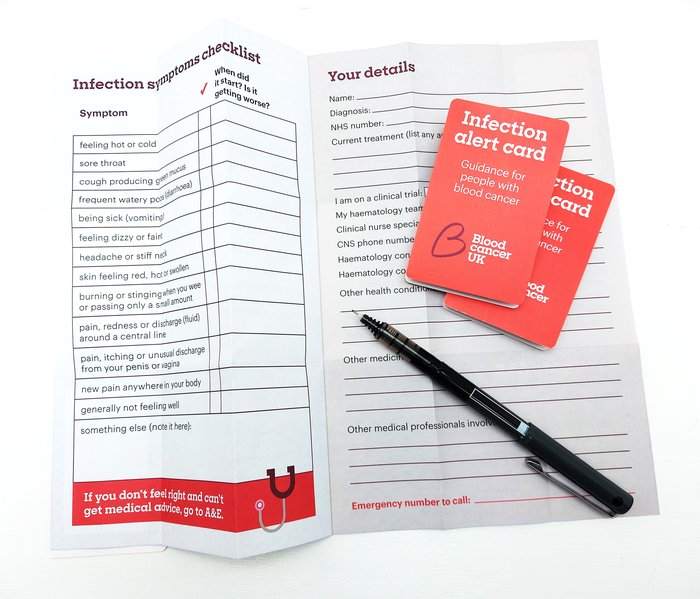 Infection alert card showing red front cover. Inside there is space to write your symptoms and personal details to share with medical staff.