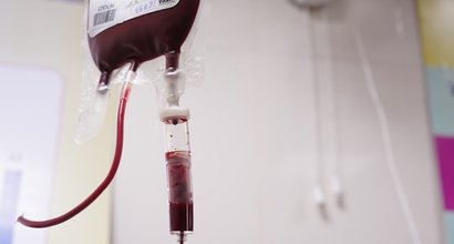 A bag of blood on a drip, ready to transfuse to someone with blood cancer.