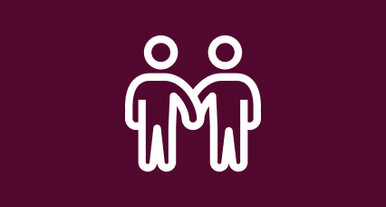 A Blood Cancer UK branded maroon and white icon of two people holding hands