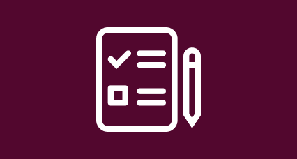 A Blood Cancer UK branded maroon and white icon of a checklist and pencil