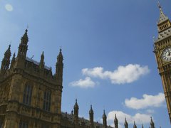 Houses of Parliament taken from a low angle, looking up at the building.