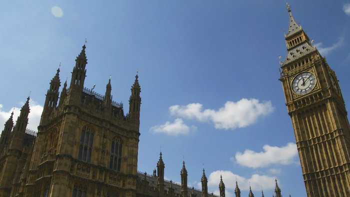 Houses of Parliament taken from a low angle, looking up at the building.