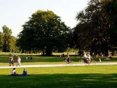 A wide shot of a park with people walking, sitting and cycling in it.