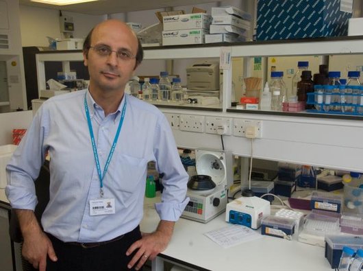 A male scientist - Professor Karadimitris - poses for a photograph in his lab